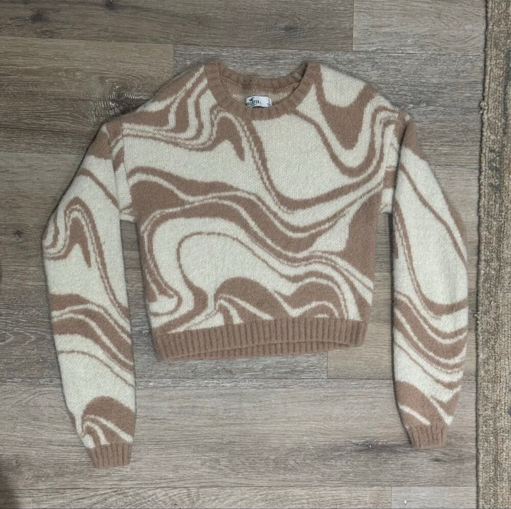 Hollister Brown Cream Marble Swirl Fuzzy Knit Cropped Sweater Size S